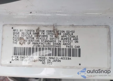 2002 Toyota Prius z USA, uszkodzony, nr VIN JT2BK18UX20055485